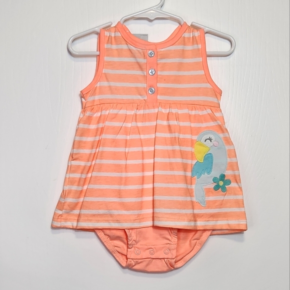 NEW NWT Carter's Baby Girl 12M Neon Orange Stripes Dress Onsie w/ Blue Bird - Picture 4 of 5